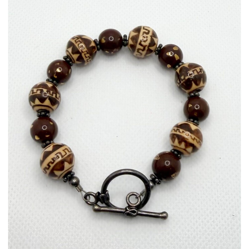 Tribal Style Ceramic Bead Bracelet in Brown and Cream with Toggle Clasp